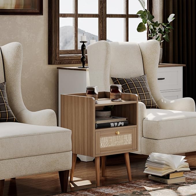 MECHYIN Night Stand Set 2, Nightstands Set of 2 with Charging Station, Rattan Side Tables with Solid Wood Legs, Boho Bedside End Table for Apartment Bedroom Dorm Small Space - Image 6