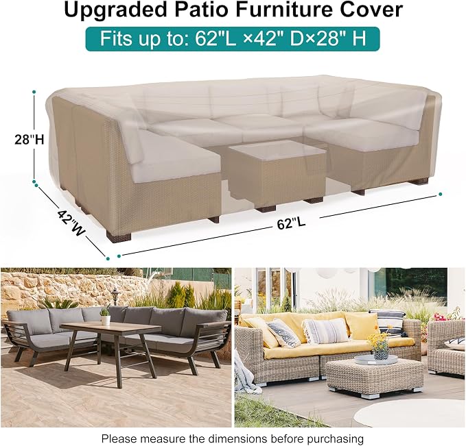 Patio Furniture Set Cover Waterproof, Heavy Duty Furniture Covers for Outdoor Sectional Sofa Set Wicker Rattan Table Chair Rectangular,62"L×42"W×28"H,Brown - Image 2