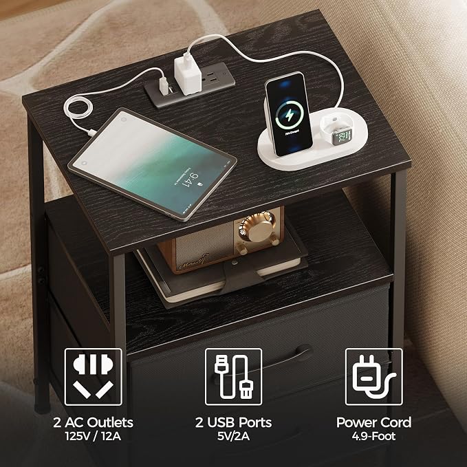 TRIFEBLE Nightstands Set of 2, Night Stand with Charging Station, Bedside Table with 2 Fabric Drawers for Bedroom, Small Side End Table with Open Shelf, Black - Image 5