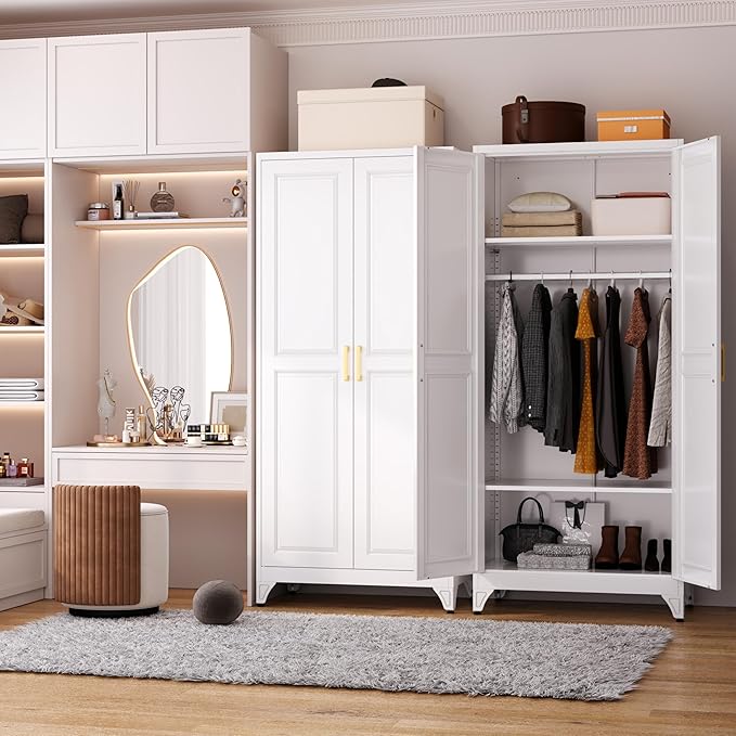 Polup Metal Armoire Wardrobe Closet with Doors and Shelves, 71" Tall Freestanding Wardrobe Cabinet for Hanging Clothes, Large Closet with Hanging Rod for Bedroom, Office, School, Employee, Gym, White