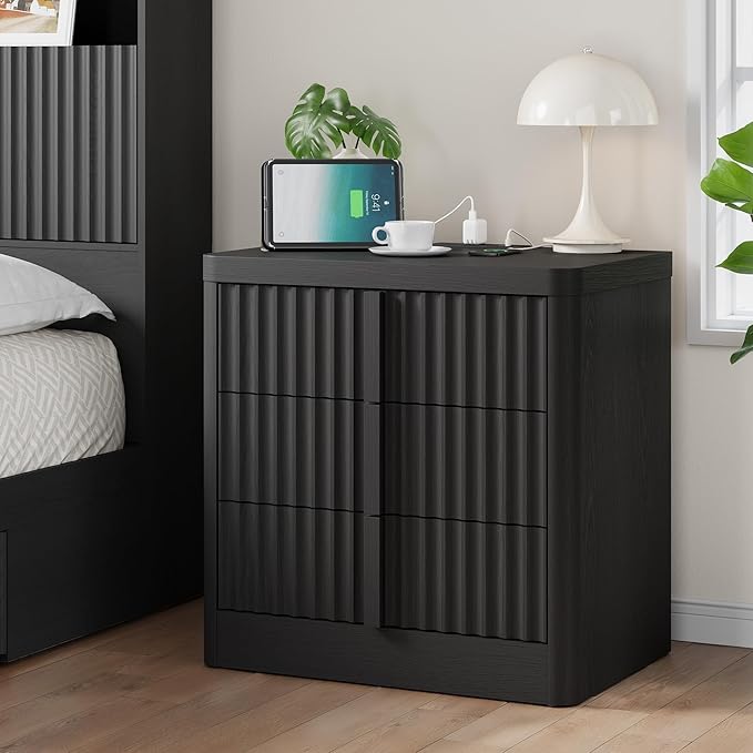 Fluted Dresser and Nightstand 3-Piece Bedroom Set, 49" Tall 6-Drawer Dresser and 2 of 3-Drawer Nightstands with Charging Station, Curved Profile Design, Modern Bedroom Dressers Sets, Black