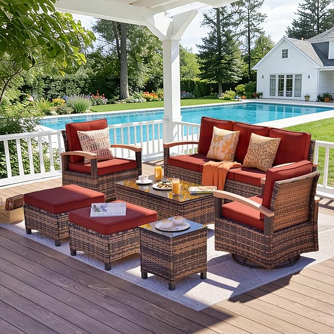 MEISSALIVVE 7 Pieces Patio Furniture Sets,Wicker Patio Conversation Sets with 2 Wood Armrests Swivel Glide Chairs, 2 Ottoman, 3-seat Sofa and Coffee Table (Red)