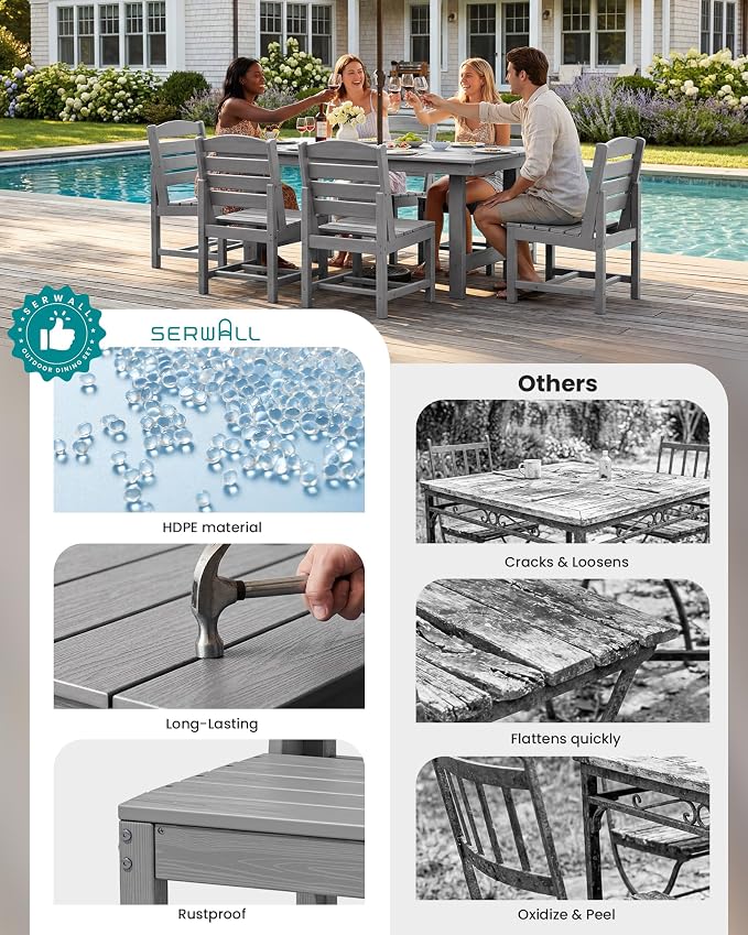 SERWALL Patio Dining Sets for 10 Person, HDPE Dining Set with 2 Tables, 8 Armless Chairs and 2 Armed Dining Chairs, Light Gray - Image 8