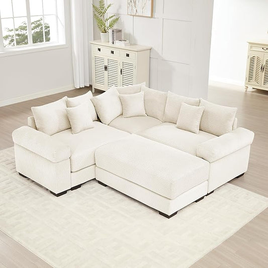 KEIKI 79" L-Shaped Oversized Corduroy Modular Cloud Sectional Sofa with 1 Ottoman, High-Density Foam Cushion, Extra-Thick Armrest, 3-Seater Fluffy Corner Couch with 10 Pillow, for Living Room, Beige