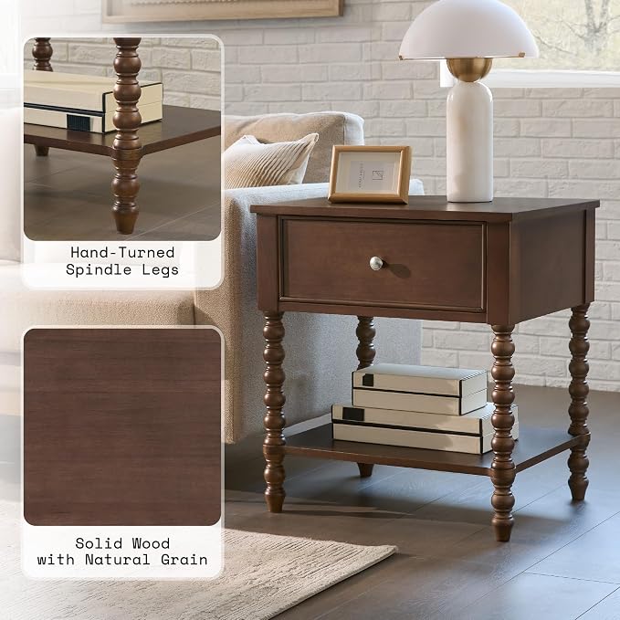 AMERLIFE 24" Walnut Nightstand, Vintage Bedside Table for Bedroom, Solid Wood Night Stand with Turned Legs, End Table with Drawer & Open Shelf, Large/Tall Nightstand, Walnut Finish - Image 3