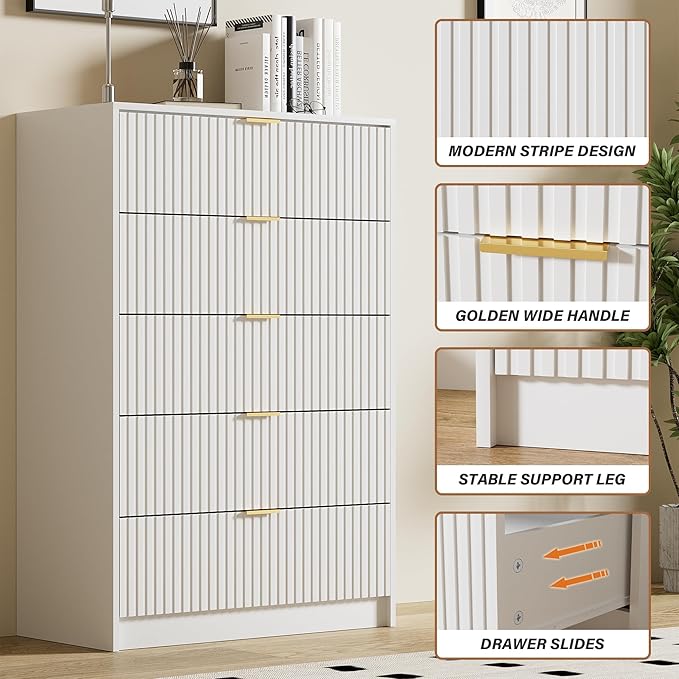 Furniway White Dresser Bedroom Set 3 Pieces, Nightstands Sets of 2, 5 Drawer Dresser with Gold Handles for Bedroom