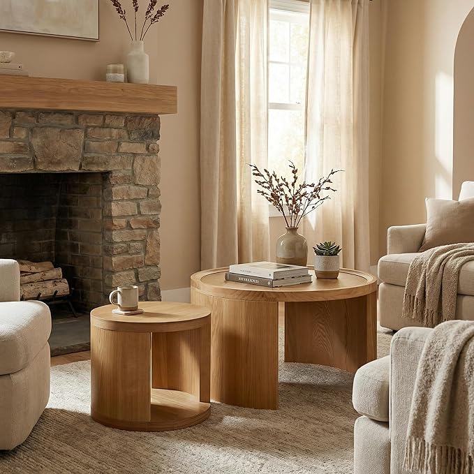 Round Nesting Coffee Table Set of 2, Brown Coffee Table, 31.5" Large & 18" Small Low Tables with Wood Top, Center Table for Living Room, Bedroom, Minimalist Center Table Set