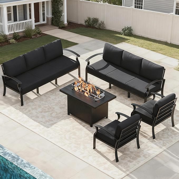 Aluminum Outdoor Patio Furniture Set,5 Pieces 8 Seats Patio Conversation Sets with 45" Propane Fire Pit Table,Metal Patio Sectional Furniture Set w/5.1" Cushions for Porch,Deck,Backyard,Black