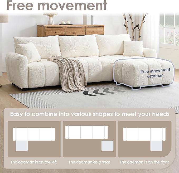 ERYE 110" L-Shaped Sectional Sofa 4 Seat Tufted Sofa Couches with Ottoman, Oversized Tufted Boucle Upholstered Corner Sectional Couch for Living Room Home Apartment