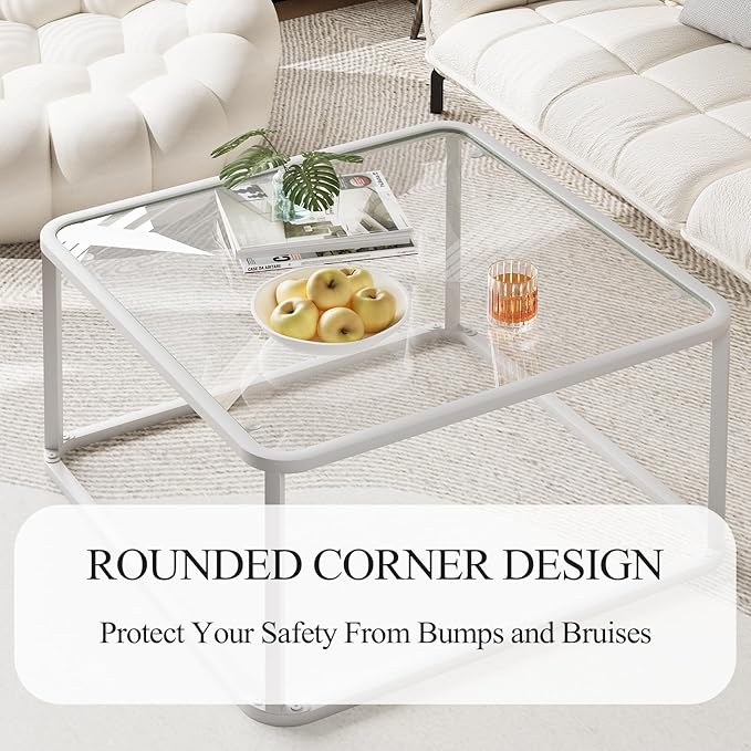 Coffee Table Glass, Minimalist Square Tables for Living Room, Modern Center Table for Office or Small Space, Sturdy Metal Frame, Easy Assembly, 26.4 x 26.4 x 15.7 Inches, White