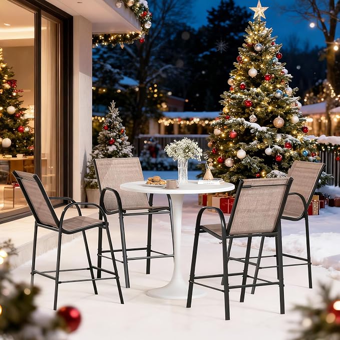 HOMREST Outdoor Bar Height Stools Set of 8,High Back Patio Chairs with Armrests,Textilene Chairs with Breathable Fabric & Metal Frame for All Weather,Brown - Image 2