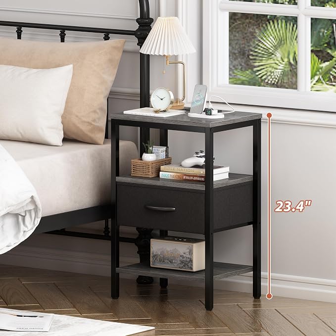 SUPERJARE Nightstand Set of 2, Bed Side Tables with Charging Station, Adjustable Fabric Drawer, Night Stand for Bedroom, 3-Tier Storage End Tables, for Living Room - Charcoal Gray - Image 2