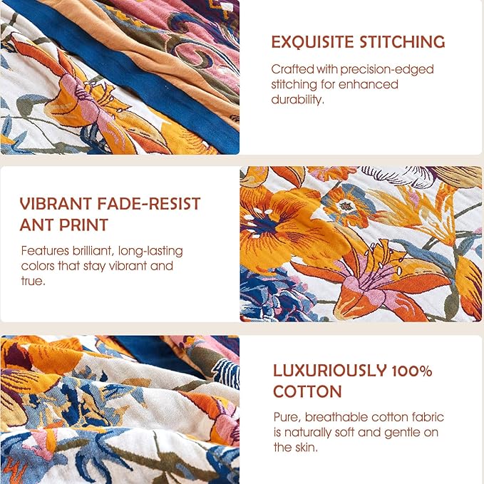 Boho Throw Blanket - 50"x60" 100% Cotton Ultra Soft Lightweight Spring Blanket, 4-Layer Breathable Muslin Blankets for Bed Couch, Reversible Yellow Floral Printed Bohemian Cotton Quilt