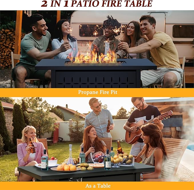 Vongrasig 7 Piece Patio Furniture Set with Propane Fire Pit, Outdoor Conversation Sets Wicker Rattan Sectional Sofa with Coffee Table, 43” Propane Gas Firepit Table with Lid, Beige