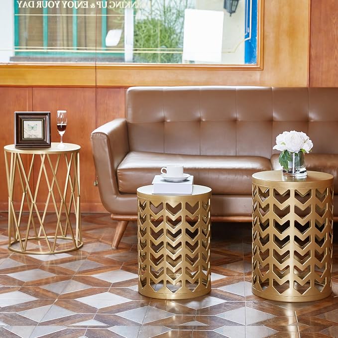 Y&M Set of 3 Gold End Tables, Nesting Metal Round Coffee Table, Heavy Duty Metal Plant Stand Garden Stool, Outdoor Multifunctional Use - Image 6