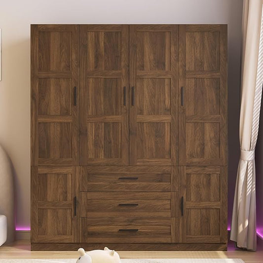 6 Doors Armoire Wardrobe Closet with 3 Big Drawers, 70.8" H Wooden Bedroom Armoires with Shelves and Hanging Rods, Freestanding Clothes Closet Wardrobe Cabinet for Bedroom, Guest Room, Brown