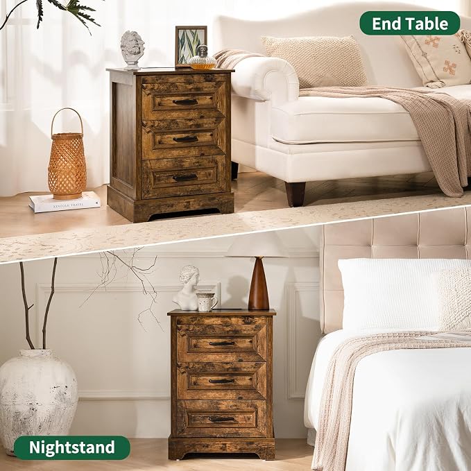 Farmhouse Nightstand with Charging Station, Wood Night Stand with 3 Drawers, Bedside Table, Nightstands with Storage, Rustic Night Stands for Bedroom, Closet, 18" Wide, 24" Tall - Image 8