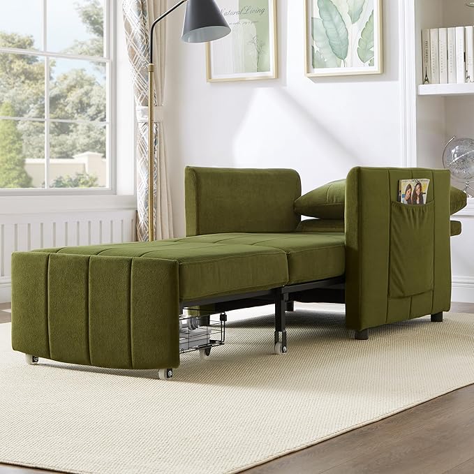 Ball & Cast 31.5" Futon Sofa-Bed,Convertible Pull Out Couch with Storage Basket,Sleeper Sofabed W/Adjustable Backrest and Side Pocket,Chaise Lounge for Living Room,Chenille Fabric,Green