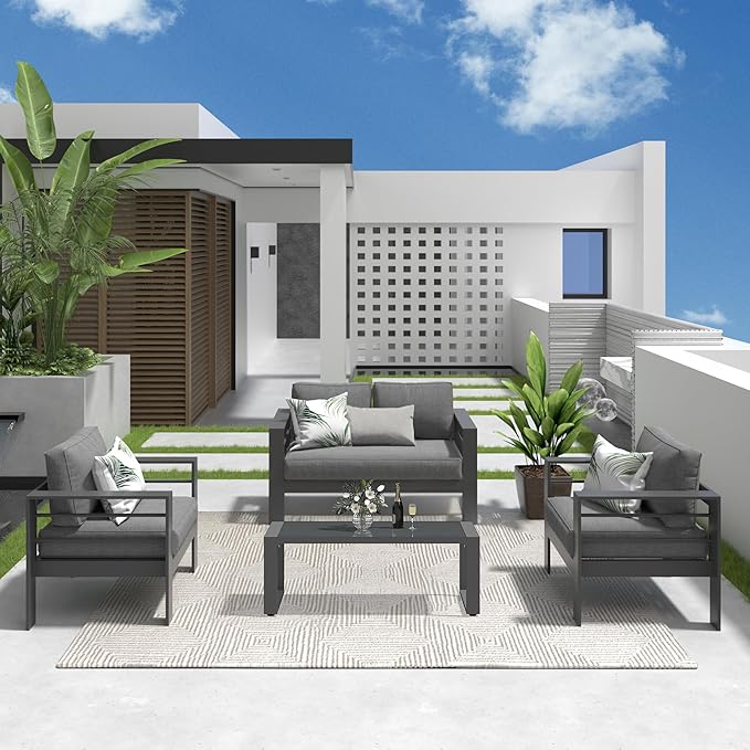 Solaste Outdoor Aluminum Furniture Set - 4 Pieces Patio Sectional Chat Sofa Conversation Set with Tempered Glass Table top Coffee Table,Grey