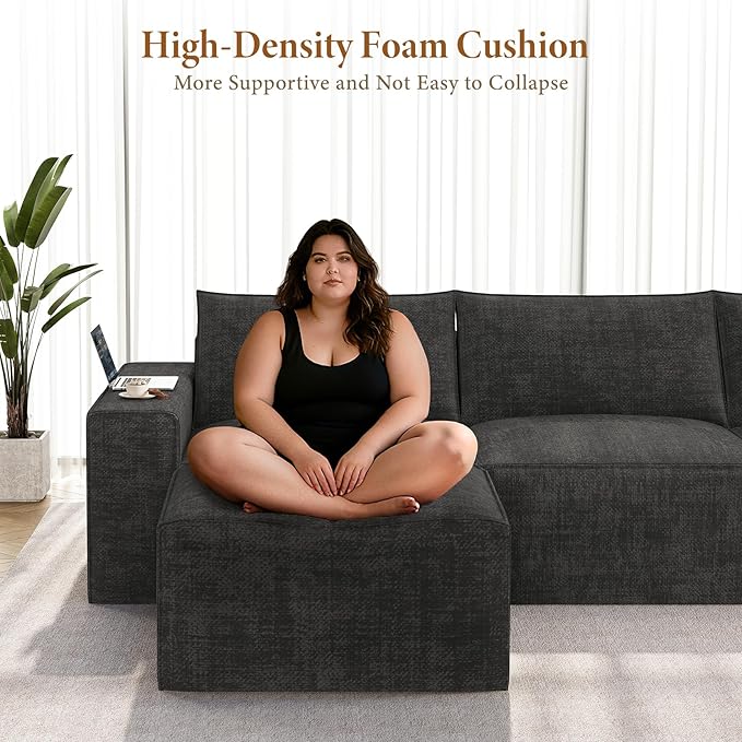 Vesgantti 143.7" Boneless Couch for Living Room, 6 Seater Modular Sectional Sofa with Ottoman & Deep Seat, Convertible Chenille Oversized Cloud Couches, No Assembly Required, Dark Grey