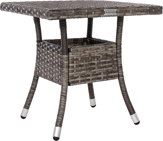 SAFAVIEH Outdoor Patio Furniture Collection Edna 3-Piece Lounge Set with Grey Brown Faux Rattan Armchairs, Cushions & Side Table, Conversation Seating (PAT7719C)