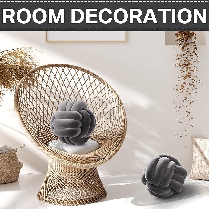 Namalu 2 Pcs Soft Knot Pillow Ball, Decorative Round Throw, Soft Knotted Plush Pillows, Handmade Stuffed Ball Pillows Cushion for Bedroom Sofa Couch Home Decor(10.6 Inches,Dark Gray)