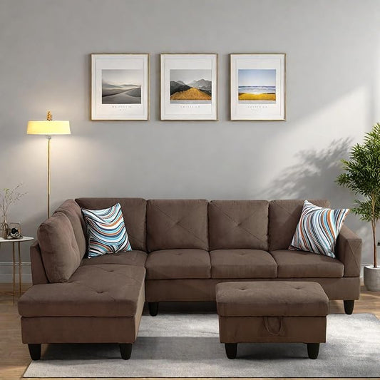 FONTOI L Shaped Sectional Couches, Modern Modular Sectional Sofa for Living Room Bedroom Furniture, Comfy 4 Seat Couch with Ottoman Storage & Chaise, Brown