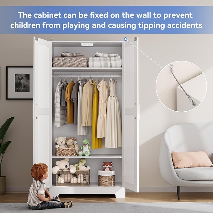 Wooden Armoire Wardrobe Closet, Wardrobe Cabinet with Door and Shelves, Freestanding Bedroom Armoires Clothing Storage Cabinet with Hanging Rod for Bedroom, Laundry Room, Cloak Room（White）