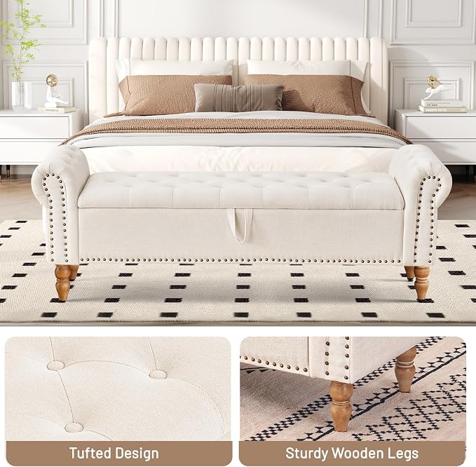 Furniliving 63” End of Bed Bench, Bedroom Bench with Button-Tufted, Large Upholstered Storage Ottoman Benches Entryway Bench with Storage Shoe Cabinet Bench, for Bedroom, Living Room, Linen, Beige - Image 6