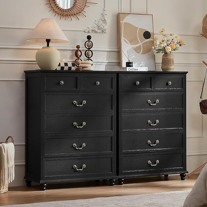 Joaxswe Farmhouse 6 Drawer Dresser for Bedroom, 42" Tall Rustic Chests of Drawers w/ 4 Solid Wood Feet, Mid Century Modern Wooden Closet Storage Dressers Organizer for Living Room, Hallway,Black - Image 3