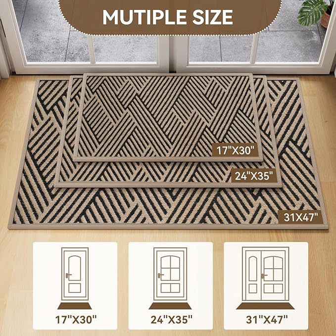 Door Mat Indoor Outside Entrance 17"x30", Low-Profile Non Slip Outdoor Inside Doormat Entryway Mat, Dirt Resistant Absorbent Front Porch Welcome Entry Mats, Washable Easy Clean, Brown - Image 2