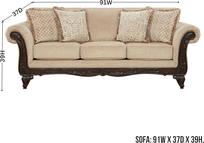 Hernen Carved Wood Frame Sofa, Beige Wheat
