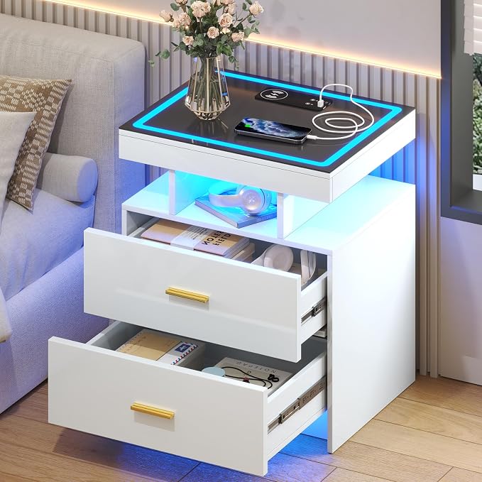 LED Nightstand with Wireless Charging Station,White Night Stand with 2 Drawers,Glass Top Smart Bedside Table,Modern End Table Side for Bedroom,Living Room,Office by MDGC