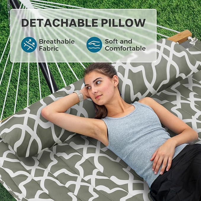 SUPERJARE Hammock with Stand, 2 Person Quilted Outdoor Hammock, Detachable Pillow & Bamboo Spreaders, Portable with Carrying Bag, Heavy Duty Stand, Perfect for Outside, Patio, Grey with White Flower - Image 4