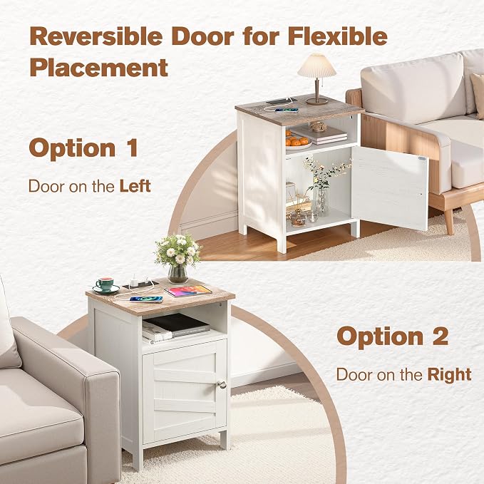 Nightstand with Charging Station, Farmhouse Night Stand Bedside Table with Open Shelf & Enclosed Cabinet, Wooden End Table with USB Ports & Outlets for Bedroom - Image 5