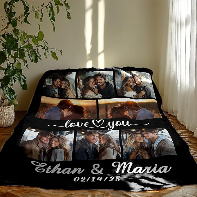 Personalized Photo Blanket with Name, Custom Valentine's Blanket with Pictures for Boyfriend Girlfriend, Customized Birthday Christmas for Husband Wife Men Women