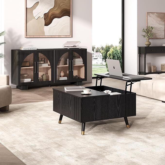 Square Coffee Table with Lift-Top & Flip-Top Storage, 36" Lift Tabletop Dining Center Table with Solid Wood Legs, Functional Modern Black Coffee Tables for Living Room Small Space or Office