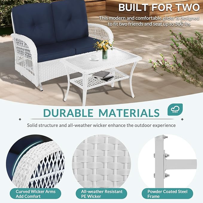 MEETWARM Outdoor Wicker Patio Glider Set, Loveseat for 2 Person Porch Furniture Glider with Glass-Top Coffee Table, Patio Glider Rocking Bench with Thickened Cushions, White Wicker/Navy