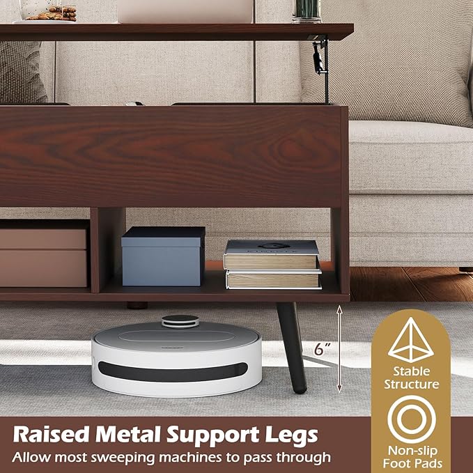 Giantex Lift Top Coffee Table, Modern Cocktail Table w/Hidden Compartment & 2 Open Shelves, Flip Top Center Table, Wooden Pull up Coffee Table for Living Room, Reception Room, Office (Walnut)