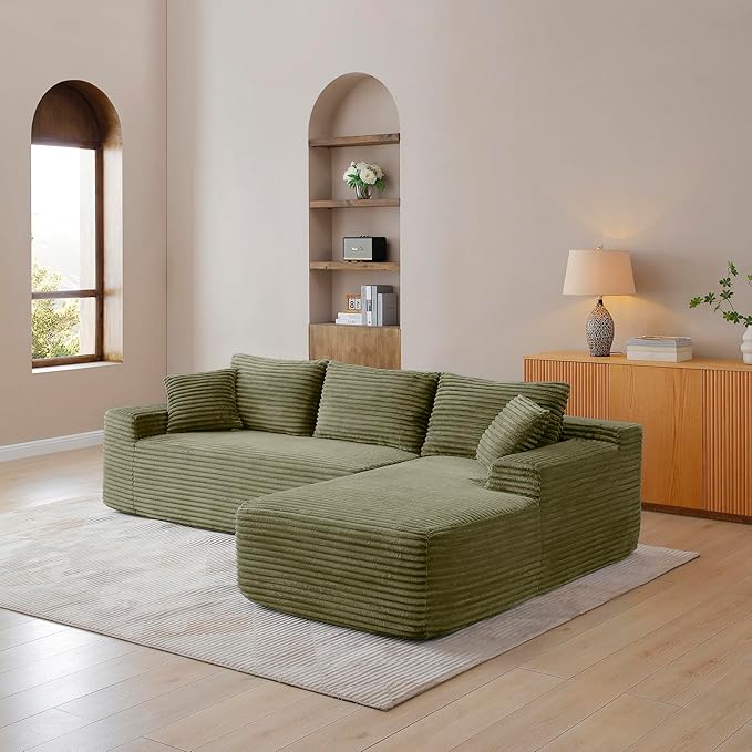 105-Inch L-Shaped Right Facing Corner Compressed Sofa Modular Sectional Boneless Cloud Sofa Floor Foam Couch with Chaise Lounge, Corduroy Corner Boneless Cloud Couch