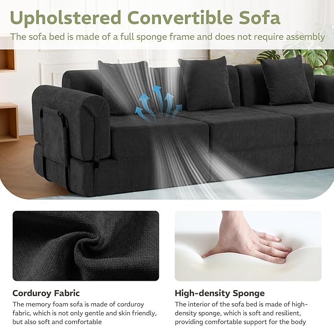 100" Convertible Sleeper Sofa Bed, Oversized Modular Sectional Cloud Sofa with Fixed-Shape Frame & Tabletop, Boneless Couch with Storage Pocket for Living Room, No Assembly Required, Black
