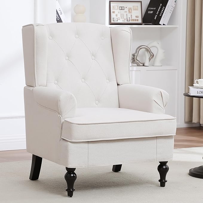 Accent Chair for Living Room, Mid Century Modern Upholstered Armchair, Wingback Chair with Tufted High Back and Solid Legs, Comfy Side Chairs Single Sofa for Bedroom, Beige