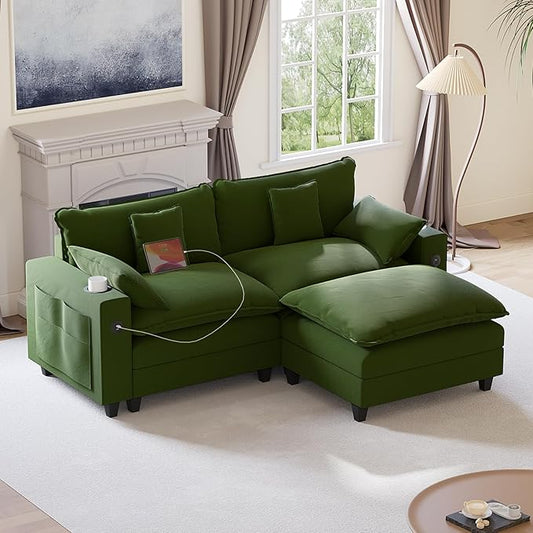 80.7" Modular Sectional Sofa, L Shaped Cloud Couch with Movable Ottoman, Chenille Deep Seat Cloud Sofa with Charging Station, Cup Holder, Side Pocket, Sectional Couches for Living Room, Green