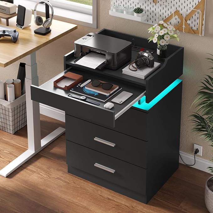 HAUOMS Black Nightstand Set of 2,LED Night Stand with Charging Station & Pull-Out Tray,Bedside Table with Drawers,Modern End Table Side Table Storage Cabniet - Image 6