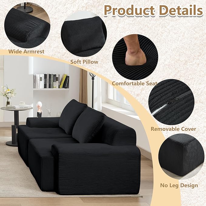 KIGOTY Modular Sectional Sofa, 4 PCS Comfy Cloud Sectional Couch with Deep Seat, Sleeper Sofa Bed with Ottoman, Modern Boneless Couch for Living Room, No Assembly Required,Black