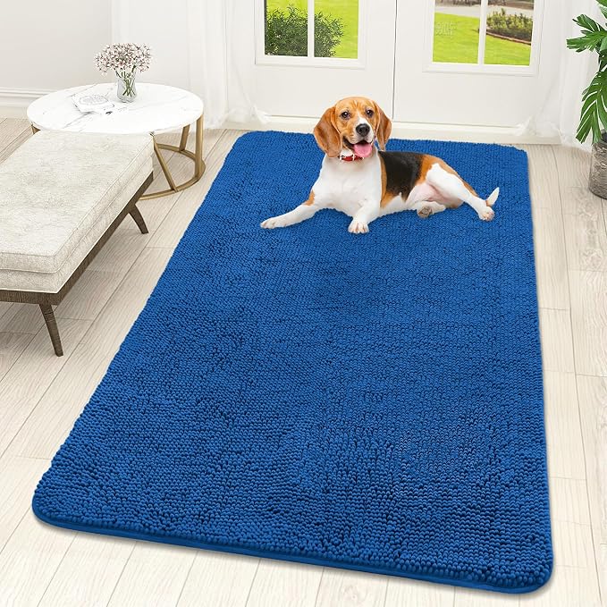 OLANLY Dog Door Mat for Muddy Paws 59x32, Absorbs Moisture and Dirt, Absorbent Non-Slip Washable Doormat, Quick Dry Chenille Mud Mat, Entry Indoor Entryway Carpet for Inside Floor, Deep Navy Blue by OLANLY