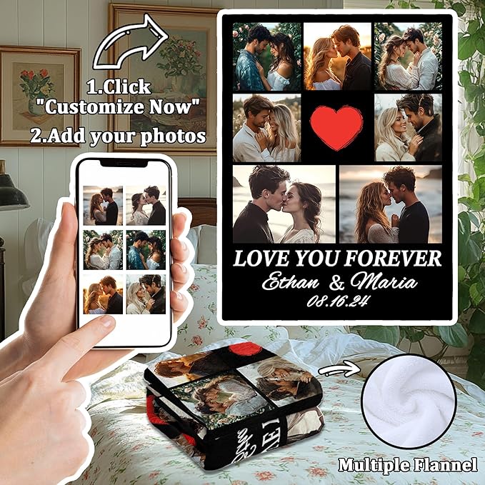 Personalized Valentine's Day Gifts for Boyfriend Girlfriend, Customized Blanket Gifts for Couple with Photos, Custom Photos Blanket I Love You Birthday Gifts for Men Wife Husband Him/Her