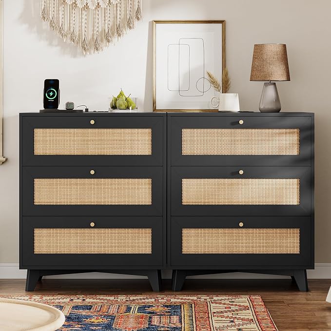 VIAGDO Black Rattan Nightstand Set of 2 with Charging Station, Natural Rattan Night Stand with 3 Large Wicker Decorated Drawers, Boho Bedside Table, End Side Table, 3 Drawer Dresser for Bedroom by VIAGDO