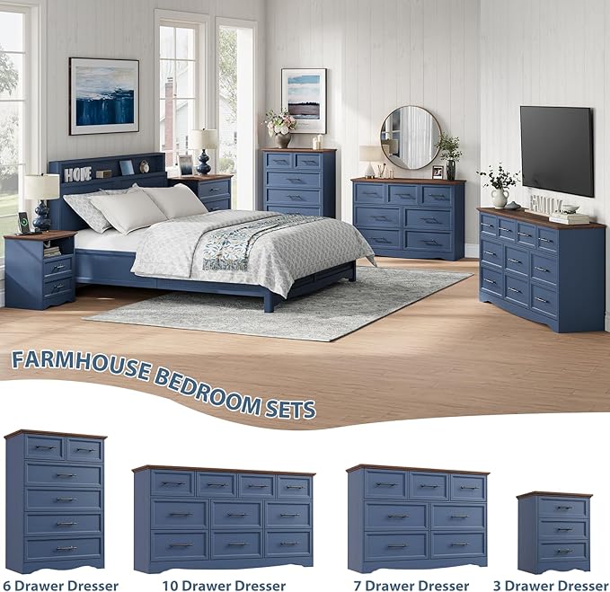 Bedroom Set, 4 Pieces Bedroom Furniture Set, 47" W 7 Drawer Dresser, 44" H 6 Drawer Dresser and Nightstands with Charging Station, Farmhouse Storage Organizer Cabinet for Bedroom, Blue