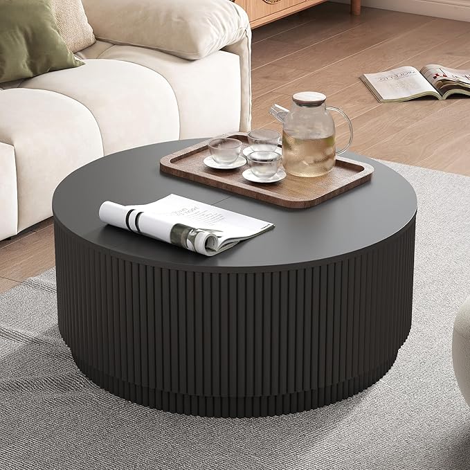 31.5" Round Coffee Table with Storage, Modern Accent Coffee Tables with Fluted Base, Wooden Circle Center Table for Living Room Small Space Apartment Office (Black)